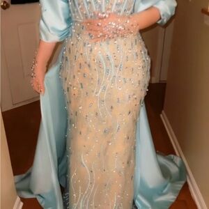 Elegant Light Blue Beaded Gown with gloves and bowtie sleeves and long tail